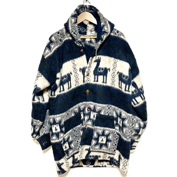 Vintage Handmade Alpaca Hooded Coat Navy Beige Aztec made in Ecuador Mens L - Picture 1 of 5